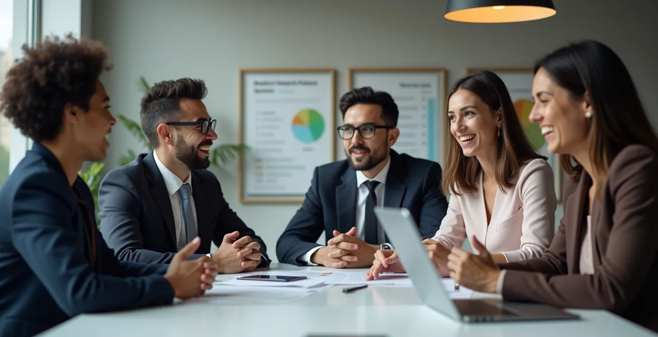 Salle de réunion moderne avec professionnels discutant autour d'une table, atmosphère collaborative