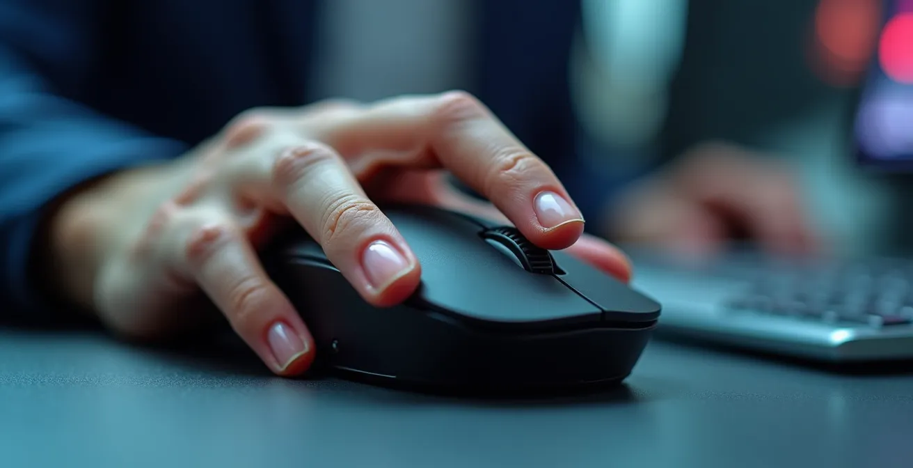 Détail macro d'une main sur une souris d'ordinateur avec focus sur la position du poignet, révélant les tensions musculaires