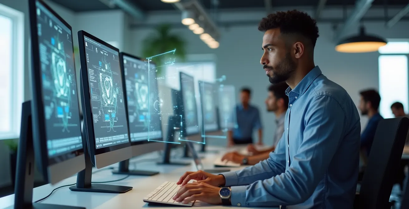 Espace de travail moderne avec symboles visuels de sécurité Zero Trust en transparence