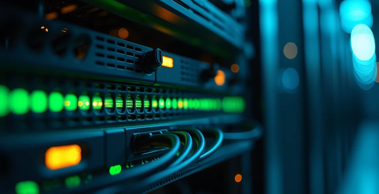 Technicien vérifiant des serveurs dans un datacenter pendant la phase de redémarrage