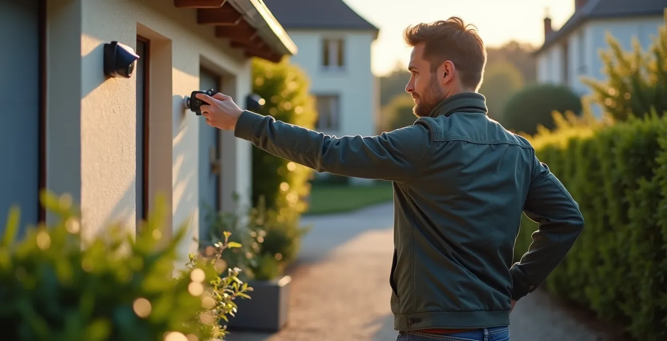 Vue d'ensemble d'une maison française avec multiples éléments dissuasifs visibles : caméras, éclairage, panneaux, jardin entretenu