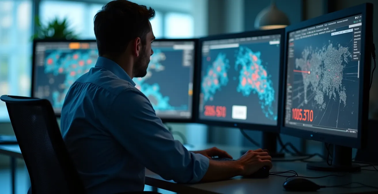 Salle de contrôle moderne montrant la fusion de données radar et vidéo sur écrans de surveillance
