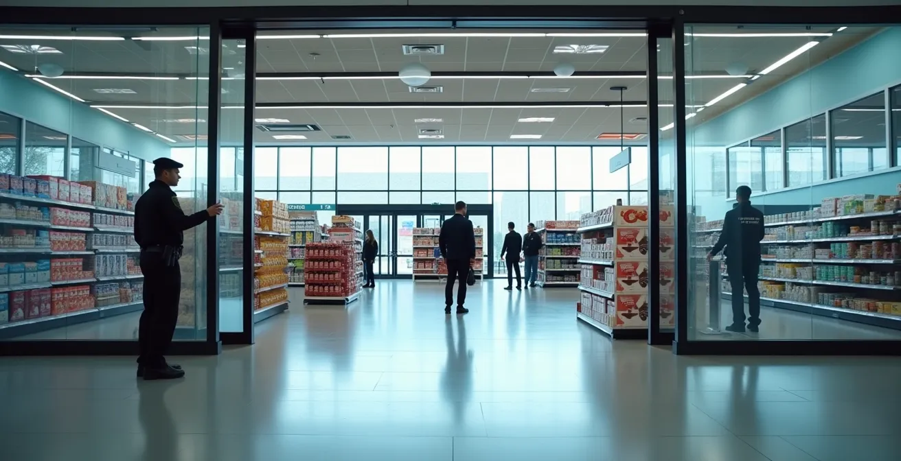 Vue d'ensemble montrant trois agents de prévention dans leurs rôles respectifs dans un hypermarché