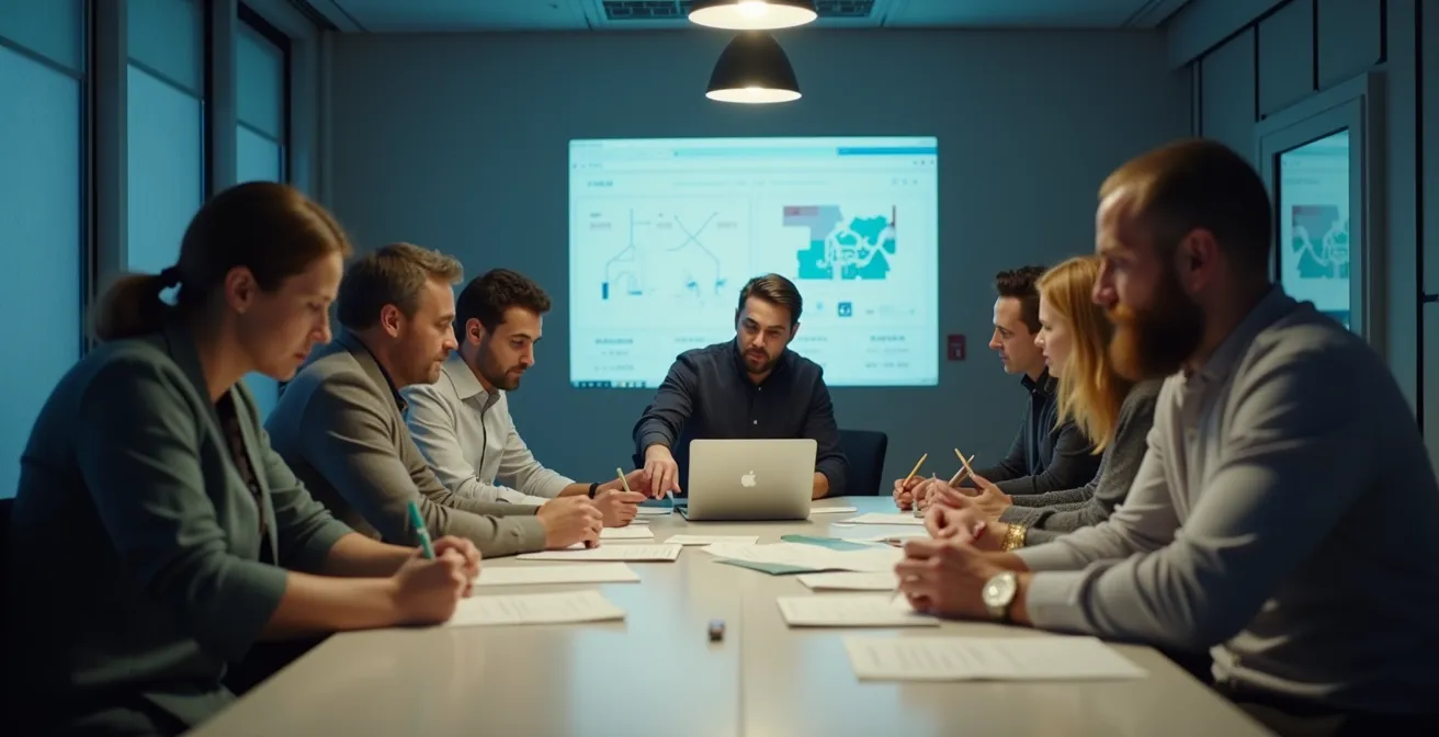 Salle de crise avec équipe multidisciplinaire travaillant autour d'une table centrale