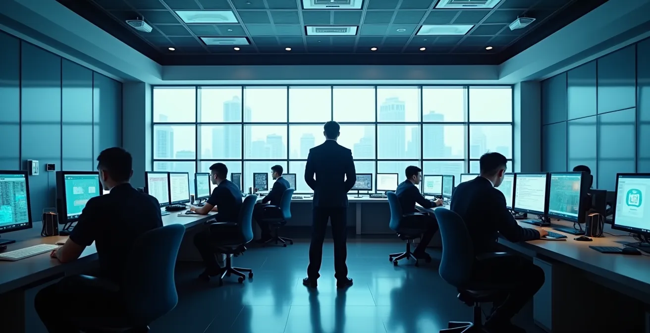 Vue d'un centre de contrôle de sécurité moderne avec des professionnels en inspection