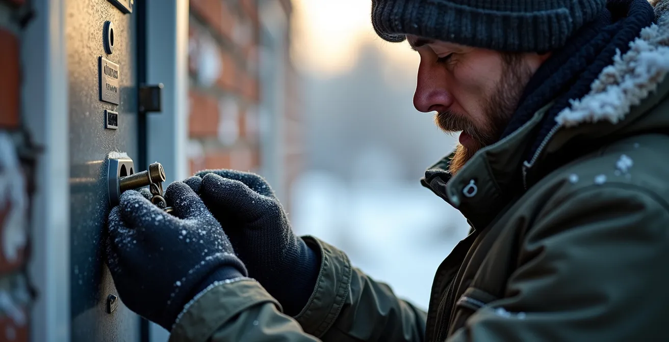 Mains avec gants travaillant sur le mécanisme d'une boîte à clé par temps froid