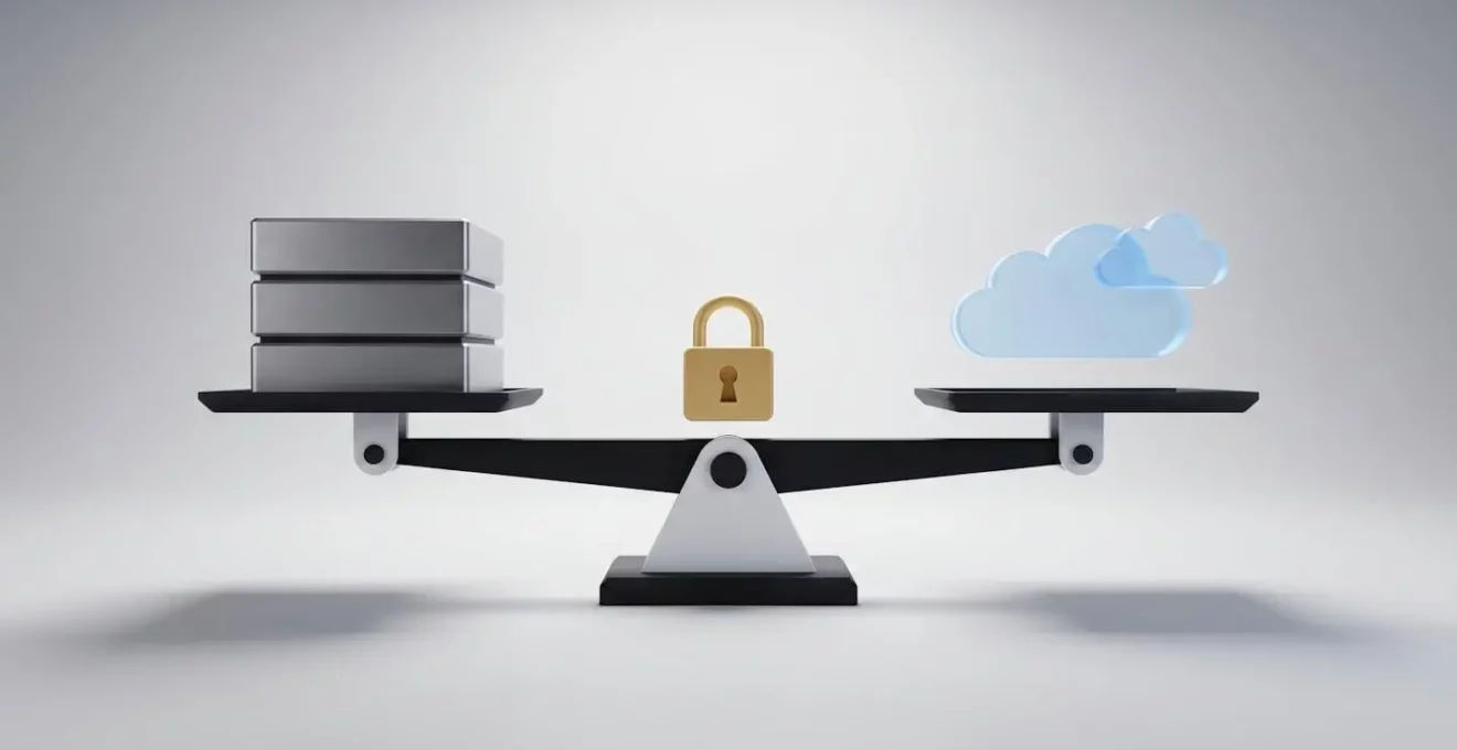 Balance en équilibre avec des serveurs physiques d'un côté et des nuages stylisés de l'autre, cadenas au centre symbolisant la sécurité