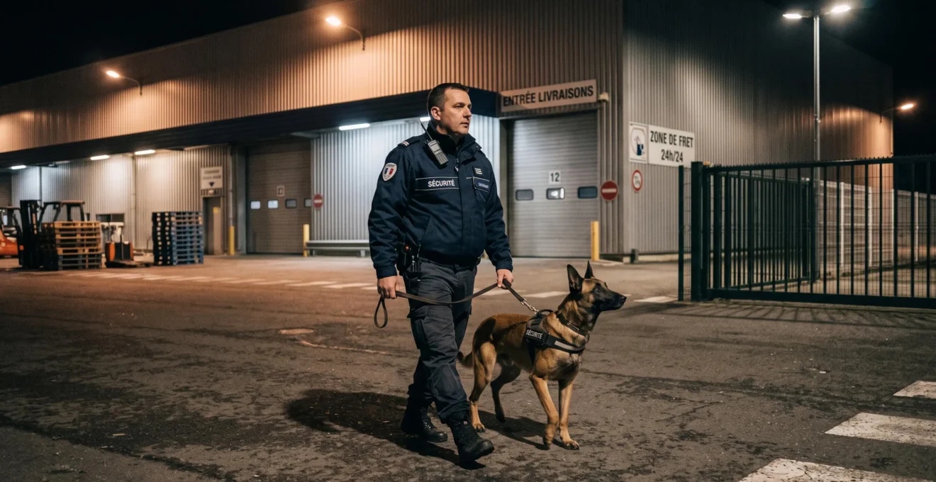 Agent de sécurité en uniforme professionnel effectuant une patrouille nocturne avec un berger allemand le long d'un entrepôt industriel français, sous éclairage de site
