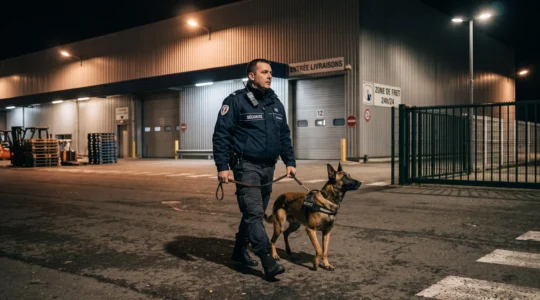 Agent de sécurité en uniforme professionnel effectuant une patrouille nocturne avec un berger allemand le long d'un entrepôt industriel français, sous éclairage de site