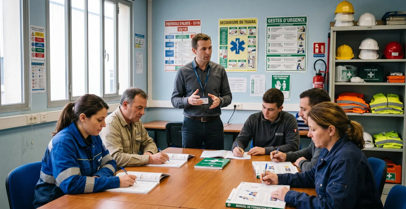 Formateur SST animant une session de formation dans une salle d'entreprise industrielle, avec des stagiaires consultant des manuels de sécurité ouverts, équipements de protection visibles en arrière-plan