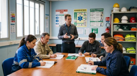 Formateur SST animant une session de formation dans une salle d'entreprise industrielle, avec des stagiaires consultant des manuels de sécurité ouverts, équipements de protection visibles en arrière-plan
