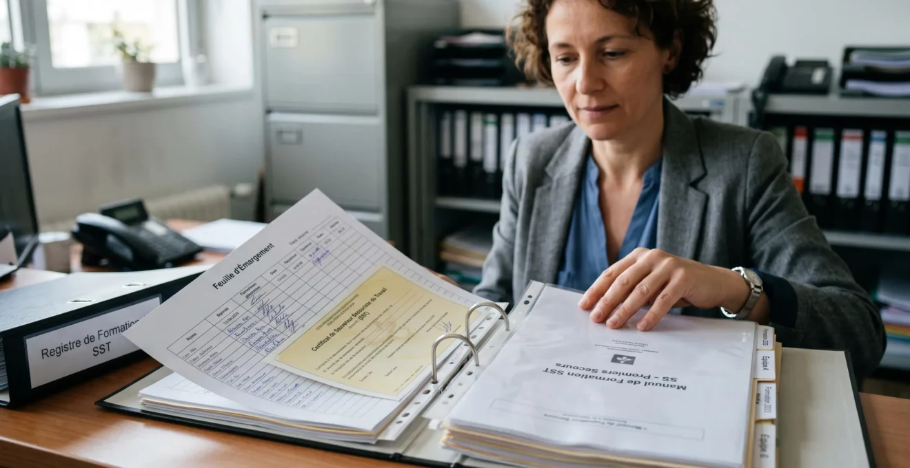 Registre de formation SST avec classeur contenant attestations, feuilles d'émargement et supports de formation organisés, environnement bureau administratif
