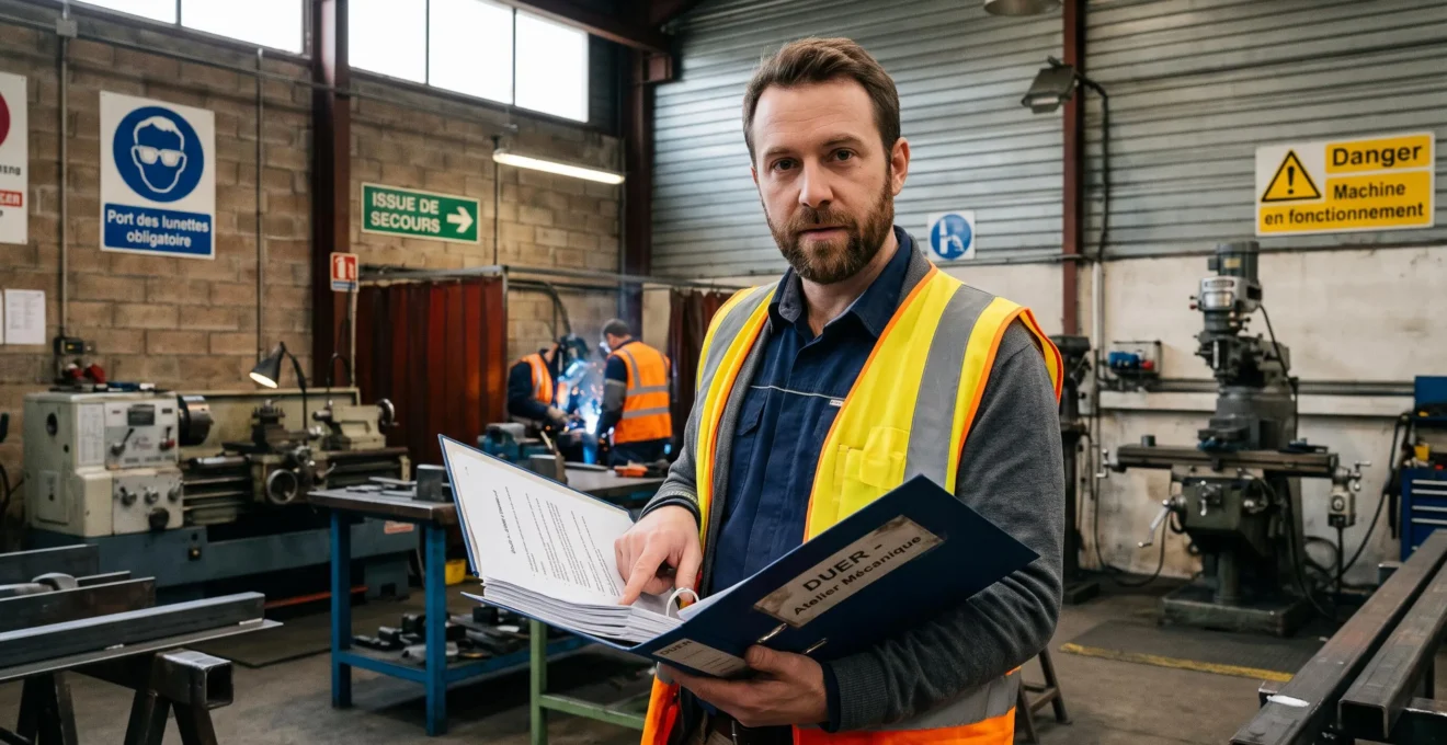 Responsable HSE consultant le Document Unique d'évaluation des risques sur tablette dans un atelier industriel, machines et postes de travail en arrière-plan