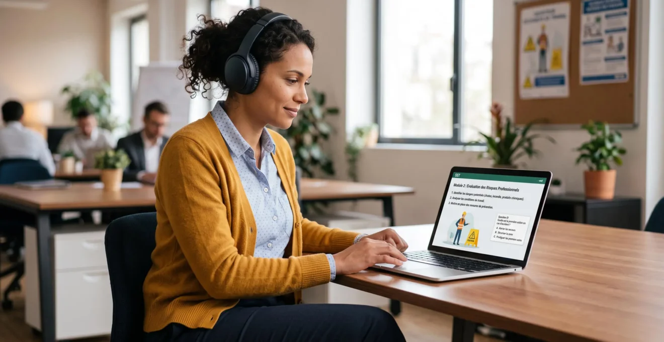 Salarié suivant un module de formation e-learning SST sur ordinateur portable, interface pédagogique en français affichée à l'écran, environnement bureau contemporain