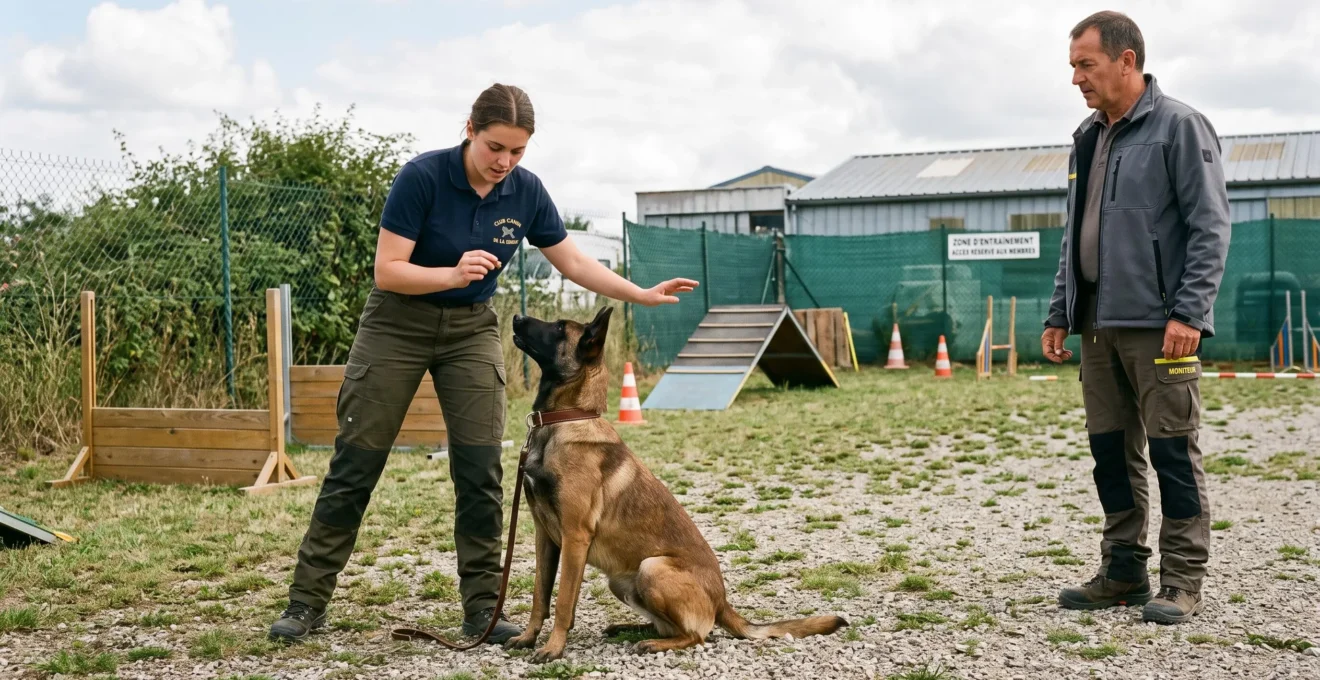 Stagiaire en formation cynophile pratiquant un exercice d'obéissance avec un malinois sous supervision d'un formateur sur terrain d'entraînement extérieur