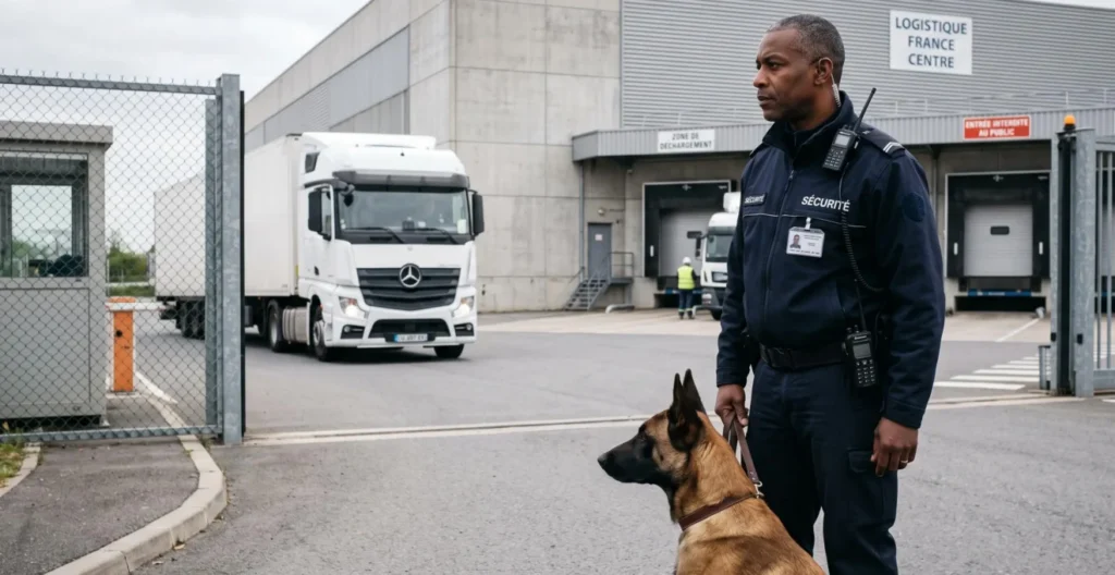 Agent cynophile en surveillance d'un site logistique français, berger allemand à ses côtés devant un portail d'accès, lumière naturelle jour Agent cynophile en surveillance d'un site logistique français, berger allemand à ses côtés devant un portail d'accès, lumière naturelle jour