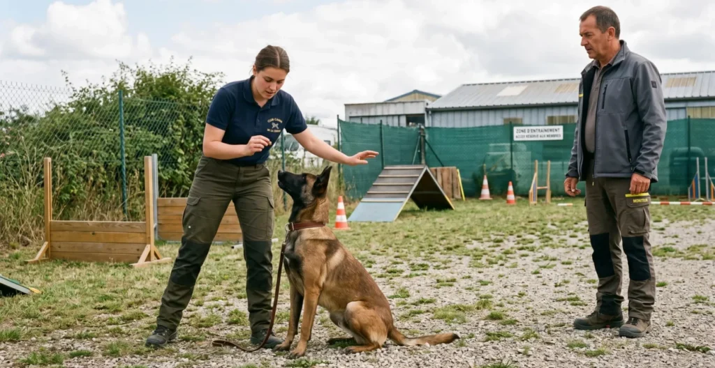 Stagiaire en formation cynophile pratiquant un exercice d'obéissance avec un malinois sous supervision d'un formateur sur terrain d'entraînement extérieur Stagiaire en formation cynophile pratiquant un exercice d'obéissance avec un malinois sous supervision d'un formateur sur terrain d'entraînement extérieur